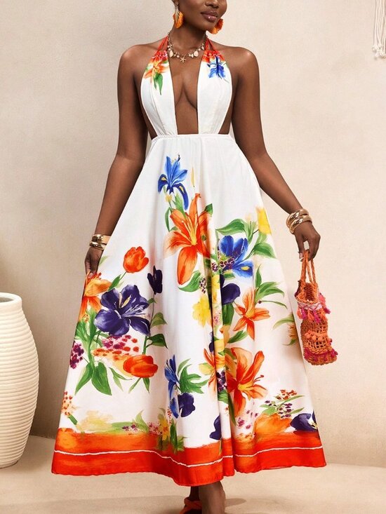 White Sexy Women's Plant-Print Suspender Wrap Dress - Picture 6 of 7